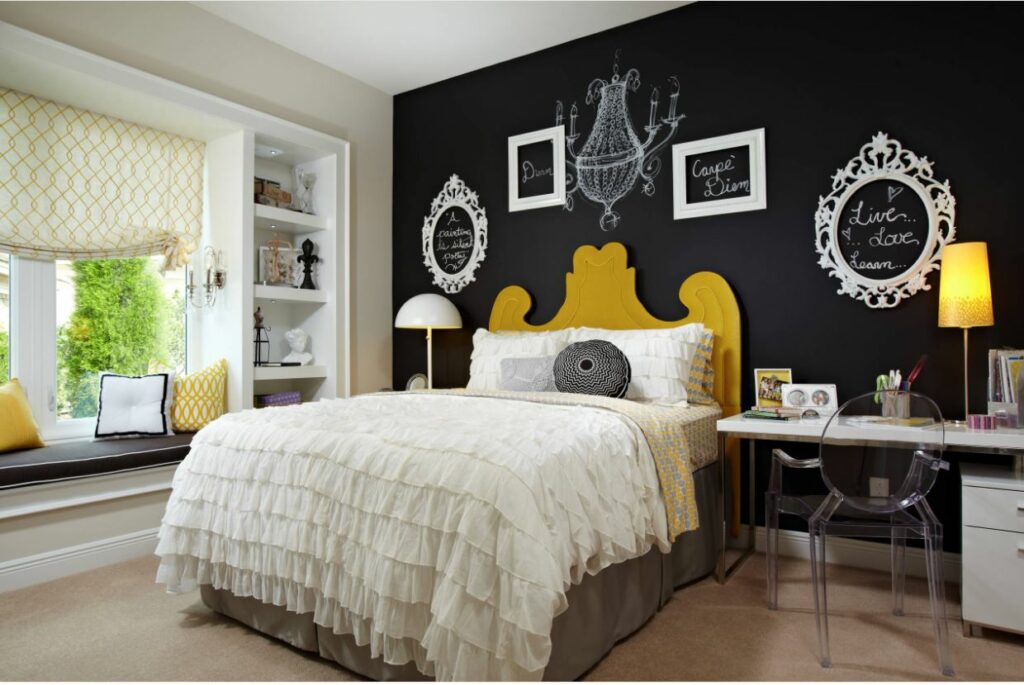 Black and yellow bedroom with chalk walls 1024x685