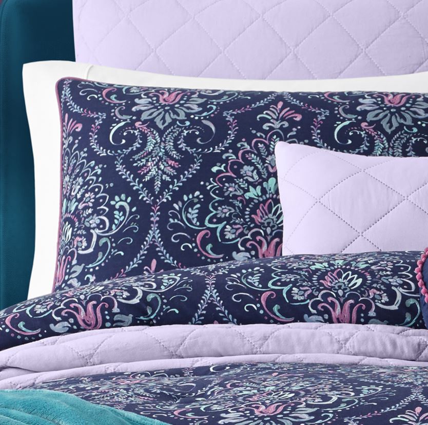 Indigo and teal with lavender bedspread