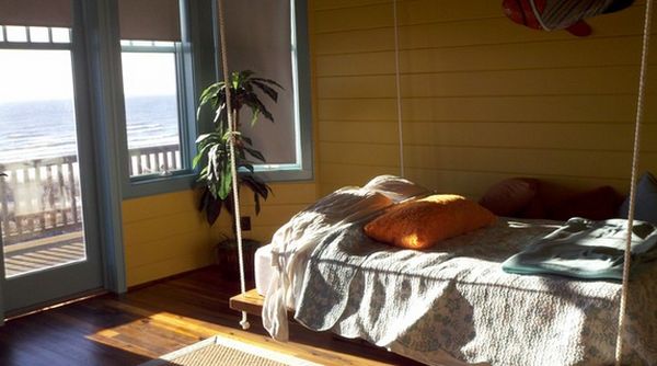 Cottage beach inspired room hanging bed
