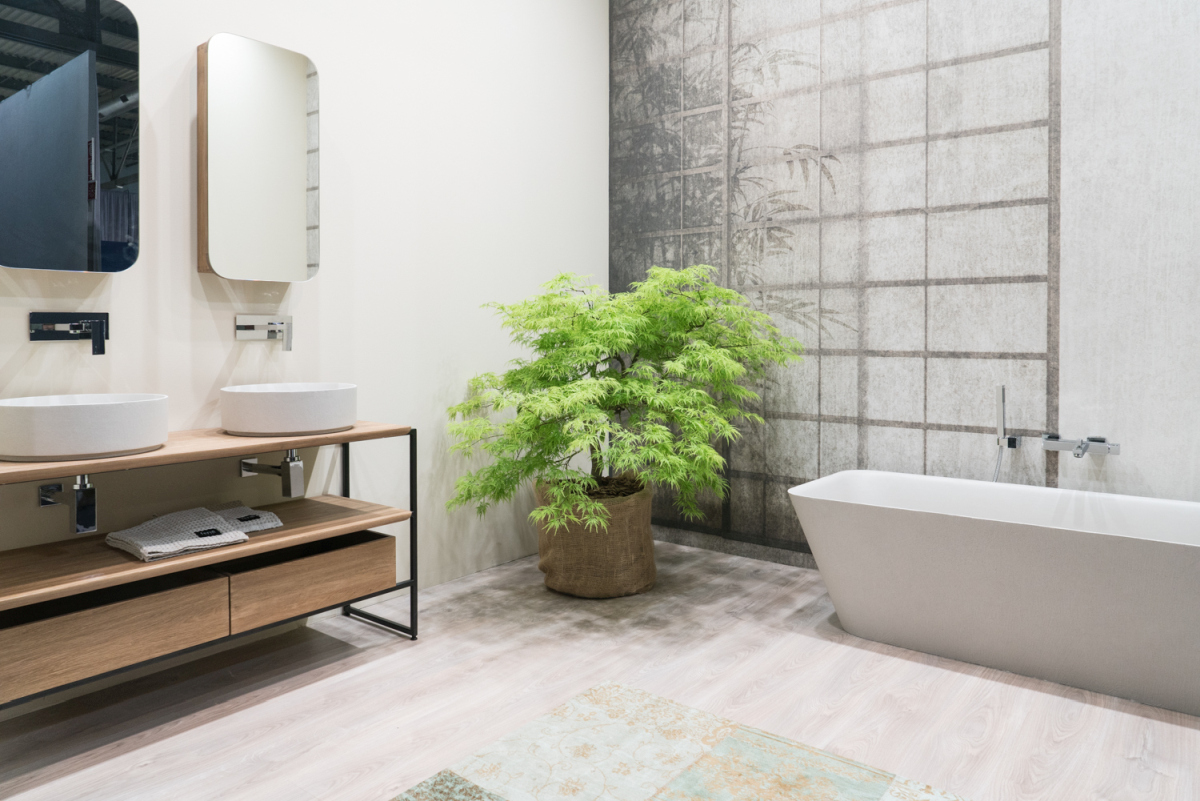 Bahtroom with large walls wallpaper and clean design