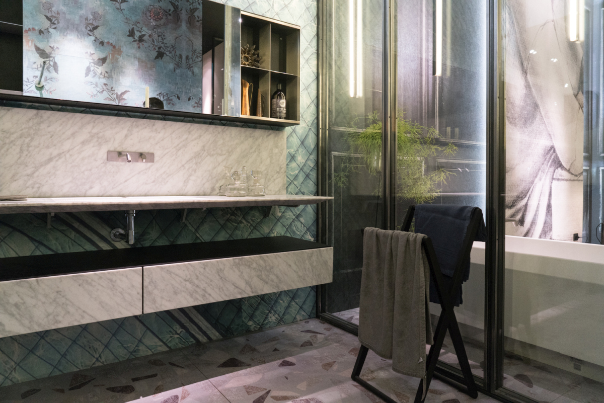 Bathroom with modern tiles and large sink materials