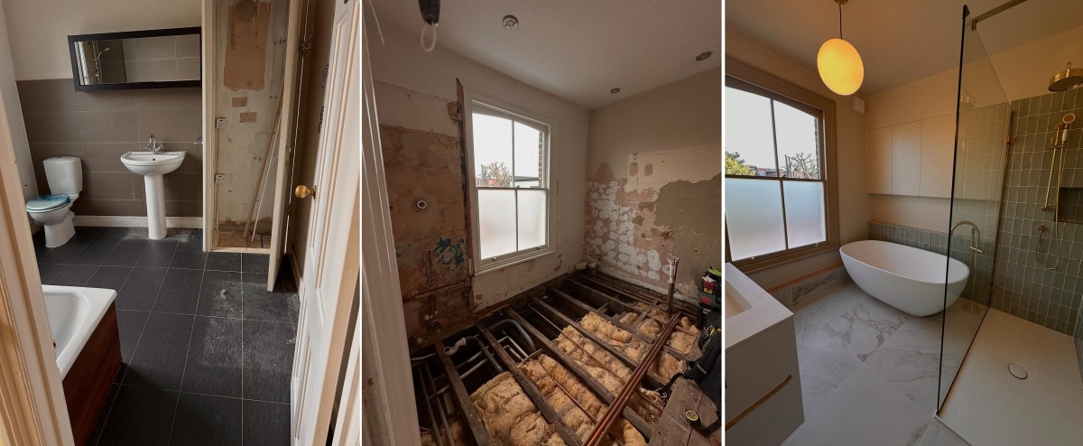 Before after with walk in shower and tub freestanding