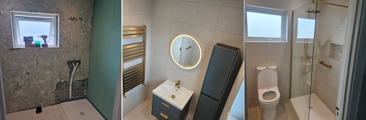 Before and after bathroom reno with brass accents