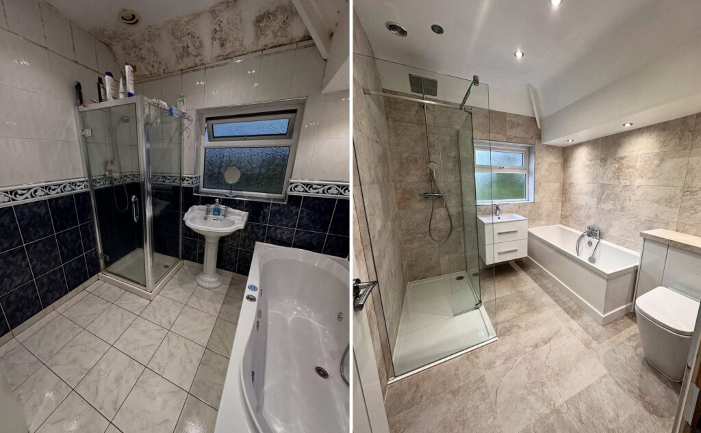 From blue traditional bath to modern travertine 1024x633