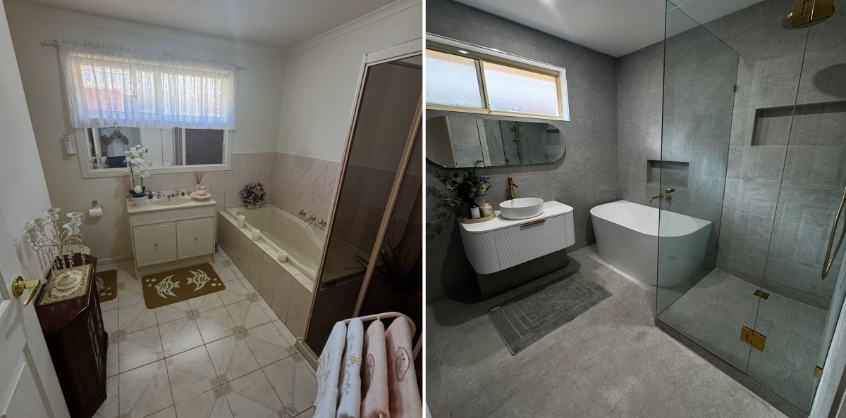 Gray bathroom decor after full renovation