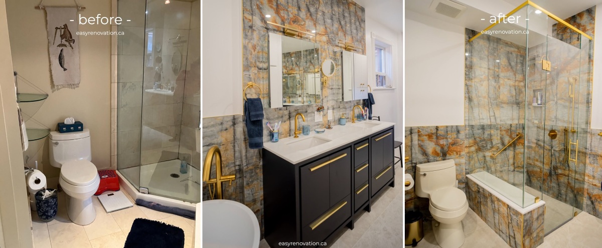 Old bathroom to luxury marble accents with gold