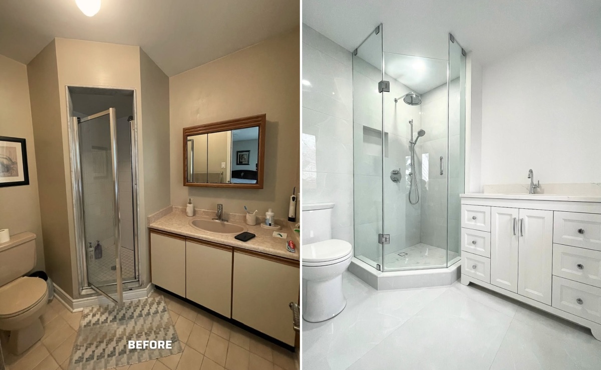 Simple before and after bathroom featuring enclosed corner shower with glass