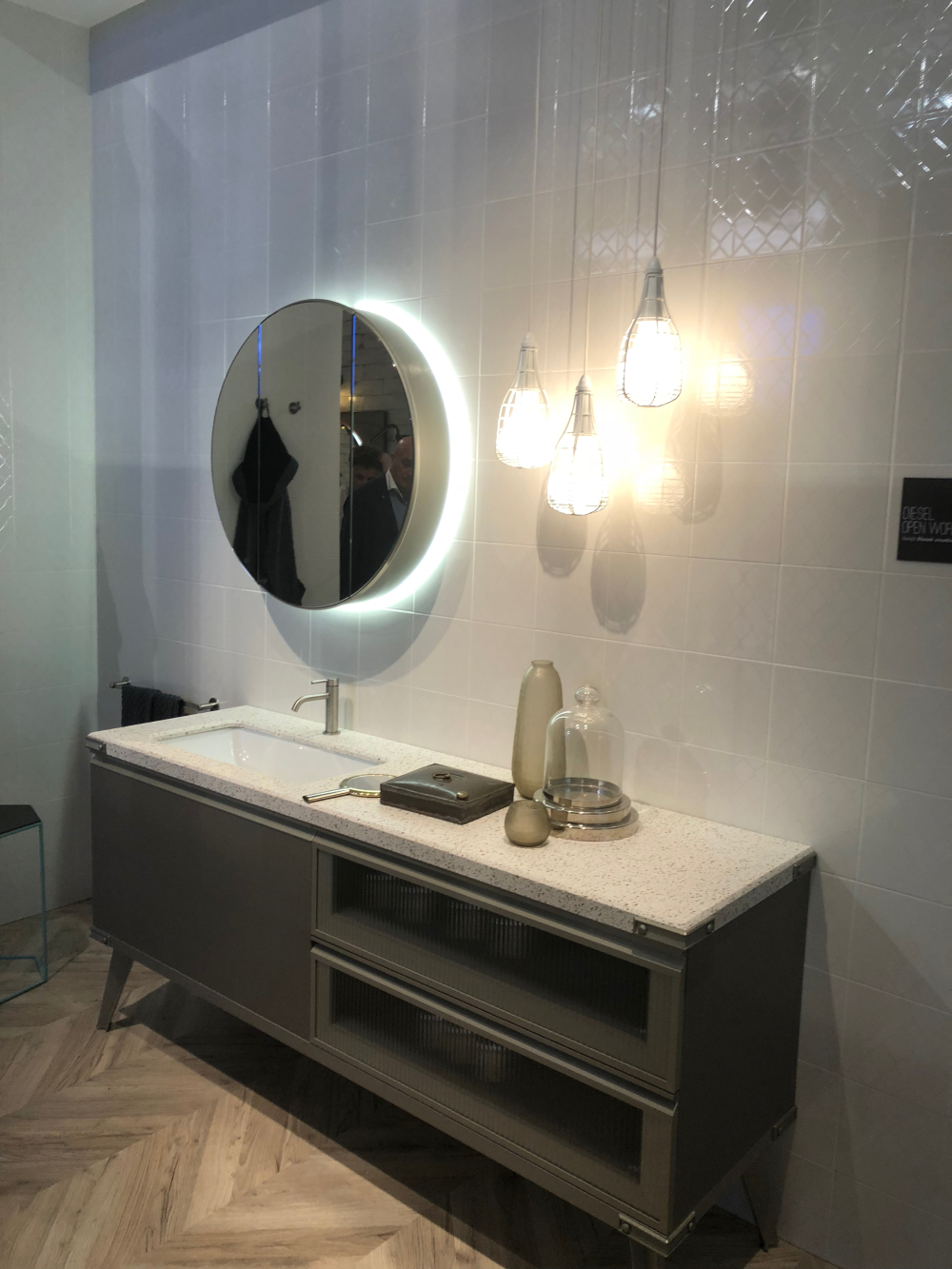Compact Vanity with Round Backlit Mirror
