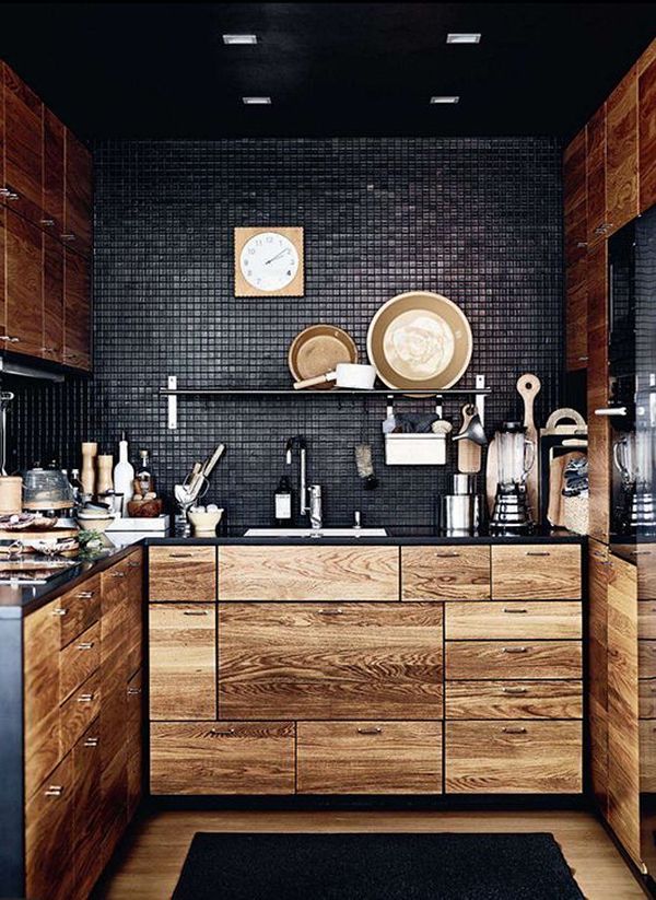 Small kitchen with small black tiles