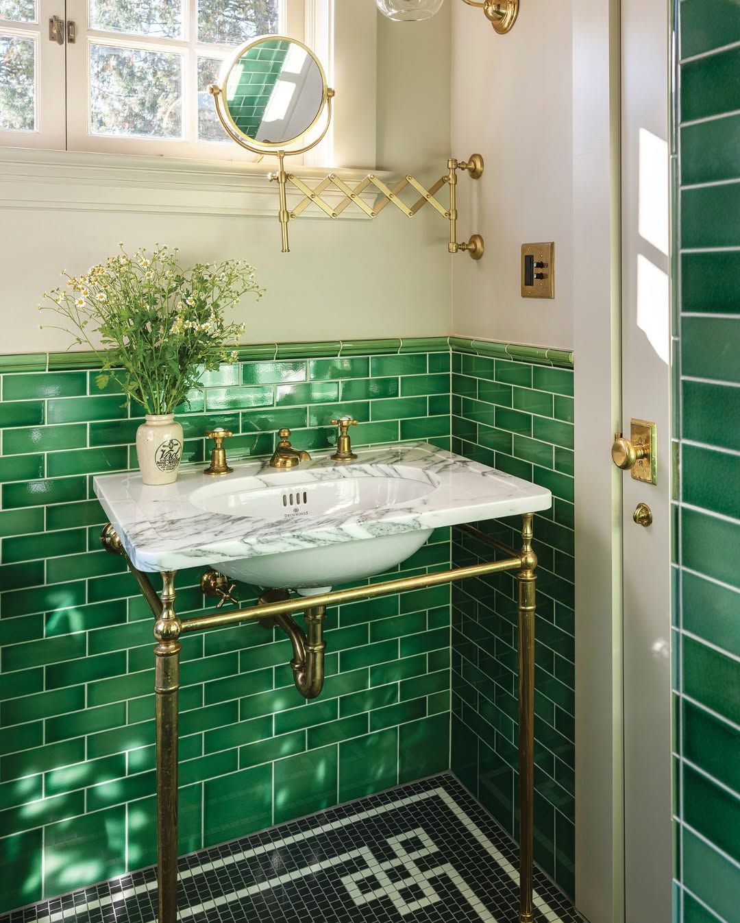 Bright Green Subway Tiles With Brass Details