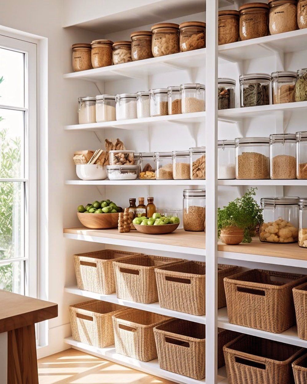 Bright Pantry with Wicker Baskets and Open Shelves
