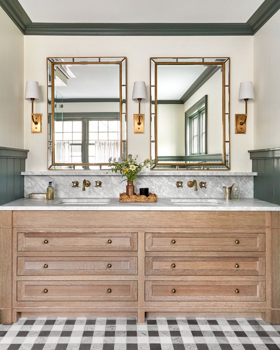 Classic Double Vanity with Warm Wood and Brass
