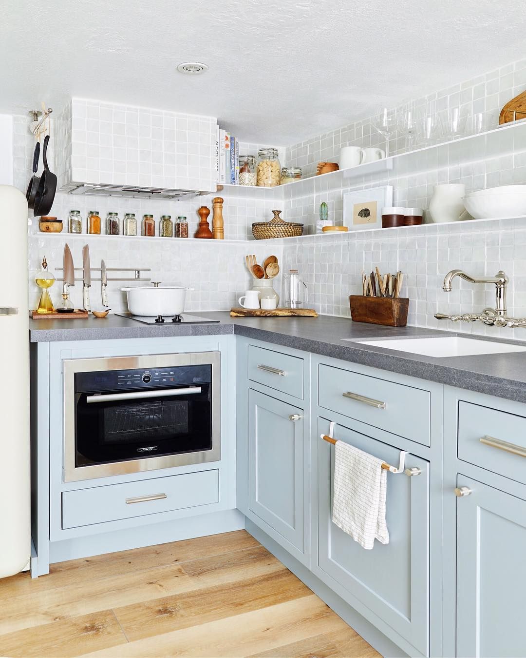 Compact Blue Kitchen with Open Shelves