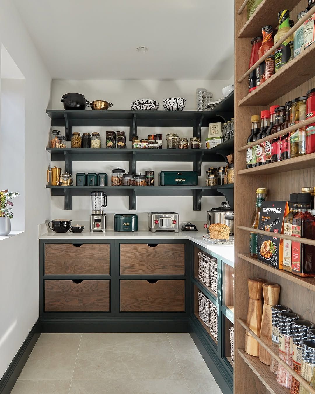 Dark Shelf Pantry with Wood Front Drawers