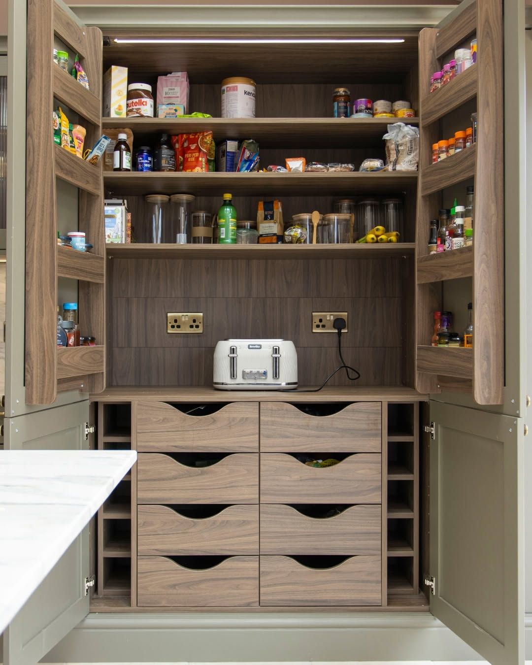 Dark Wood Pantry Cabinet with Drawer Grid