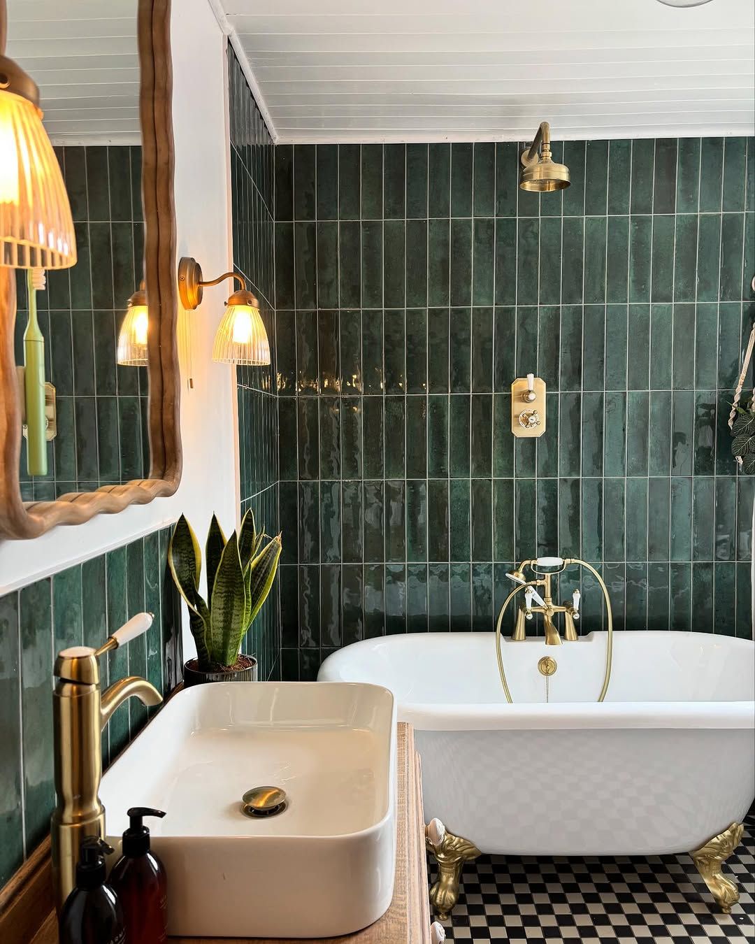Deep Green Tiles With Clawfoot Tub