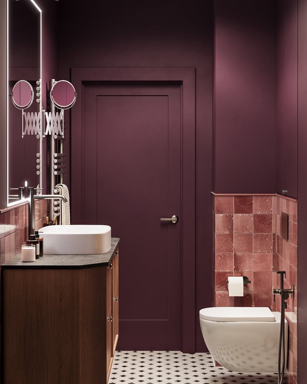 Deep Plum Bath with Rose Tile Accents