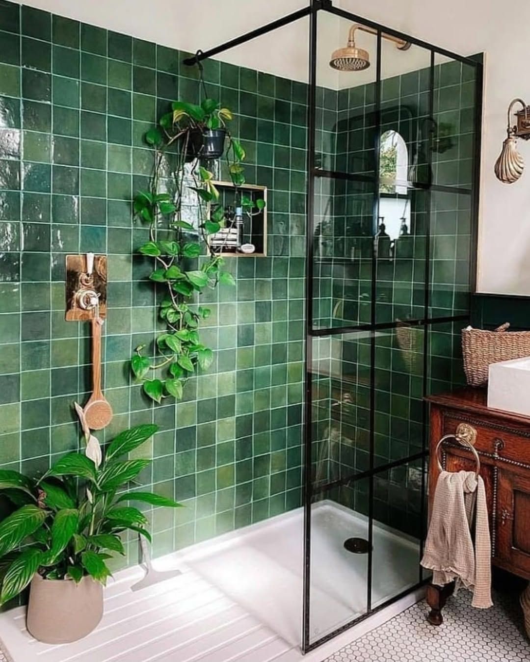 Glossy Green Zellige With Black Framed Shower