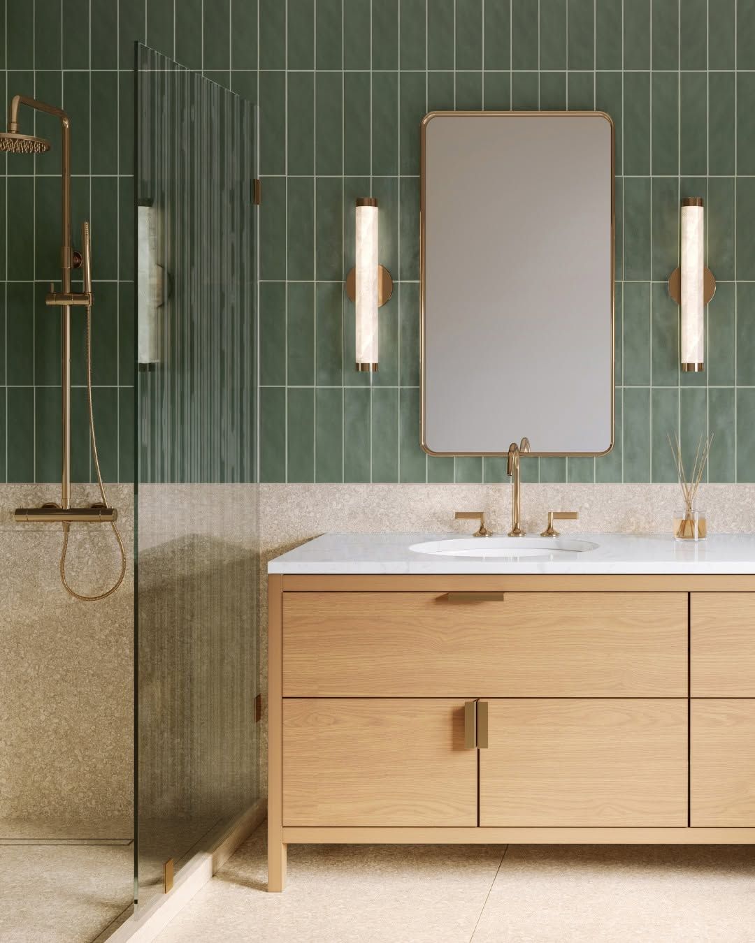 Green Grid Tiles With Light Wood Vanity