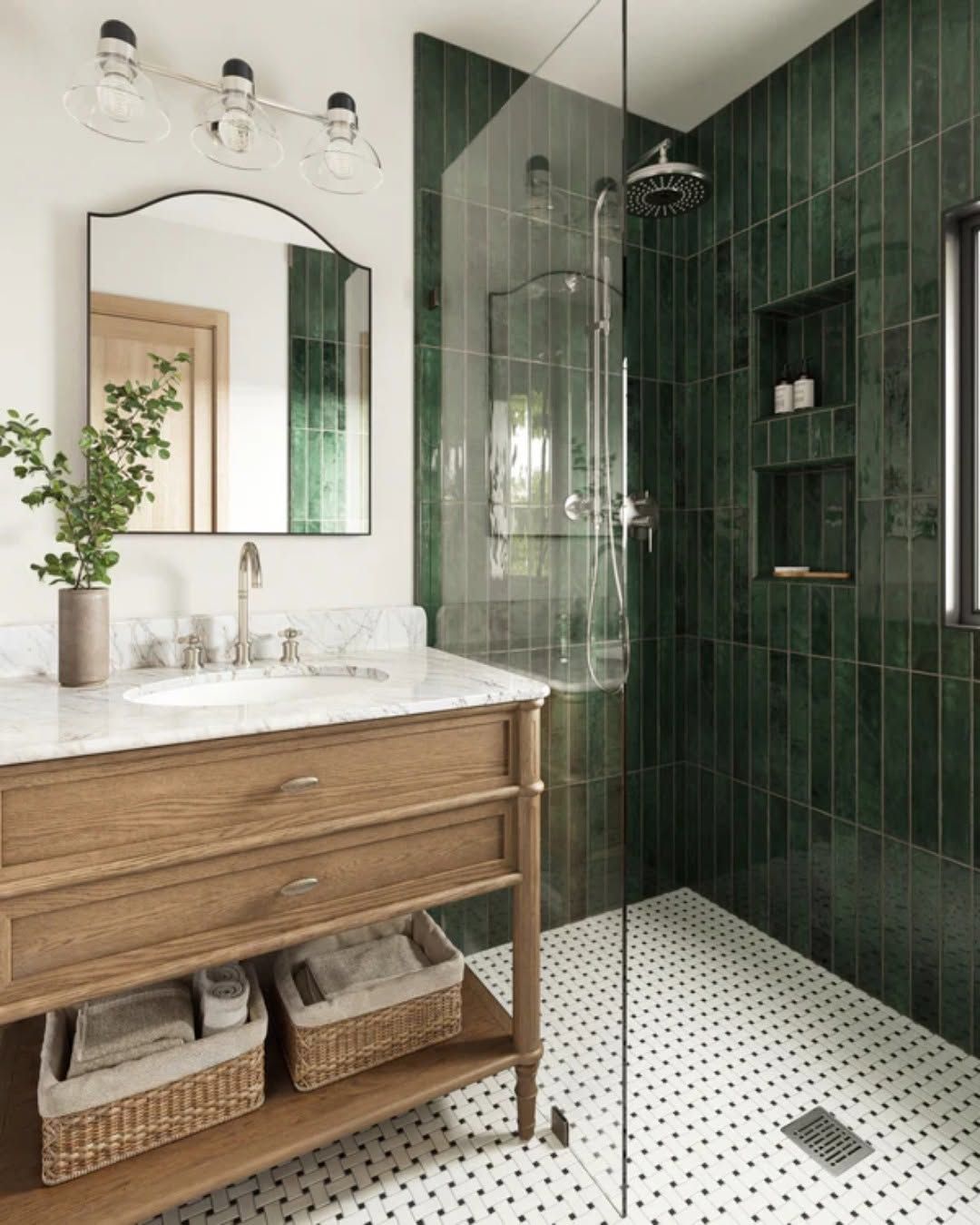 Green Tile Shower with Warm Wood Vanity