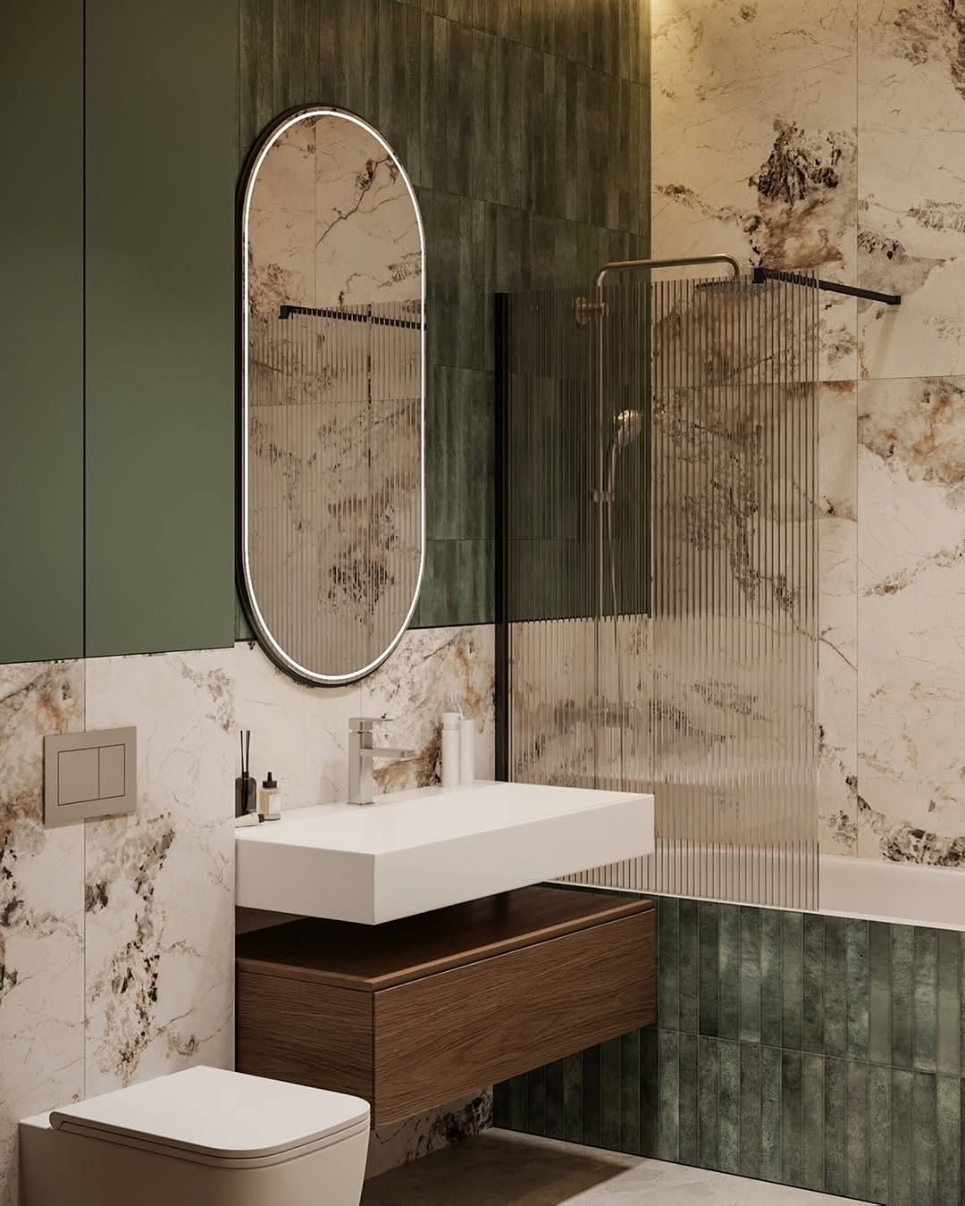 Green Tile and Marble Bath Wall