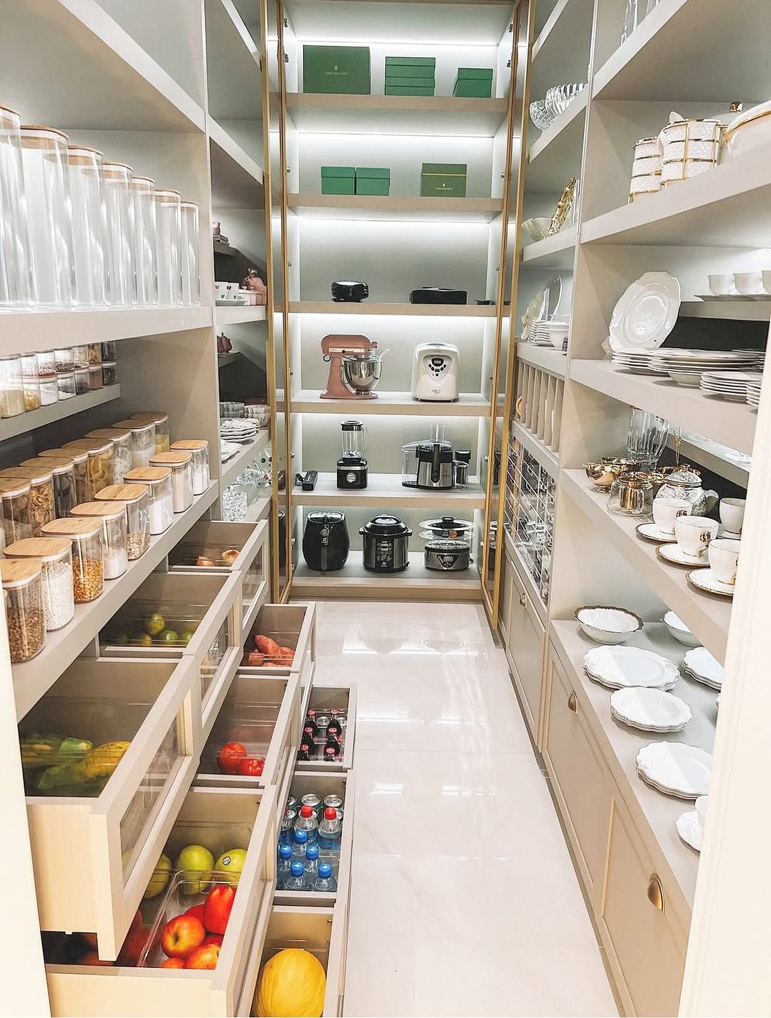 Luxe Pantry with Drawer Freezers and Lit Shelves
