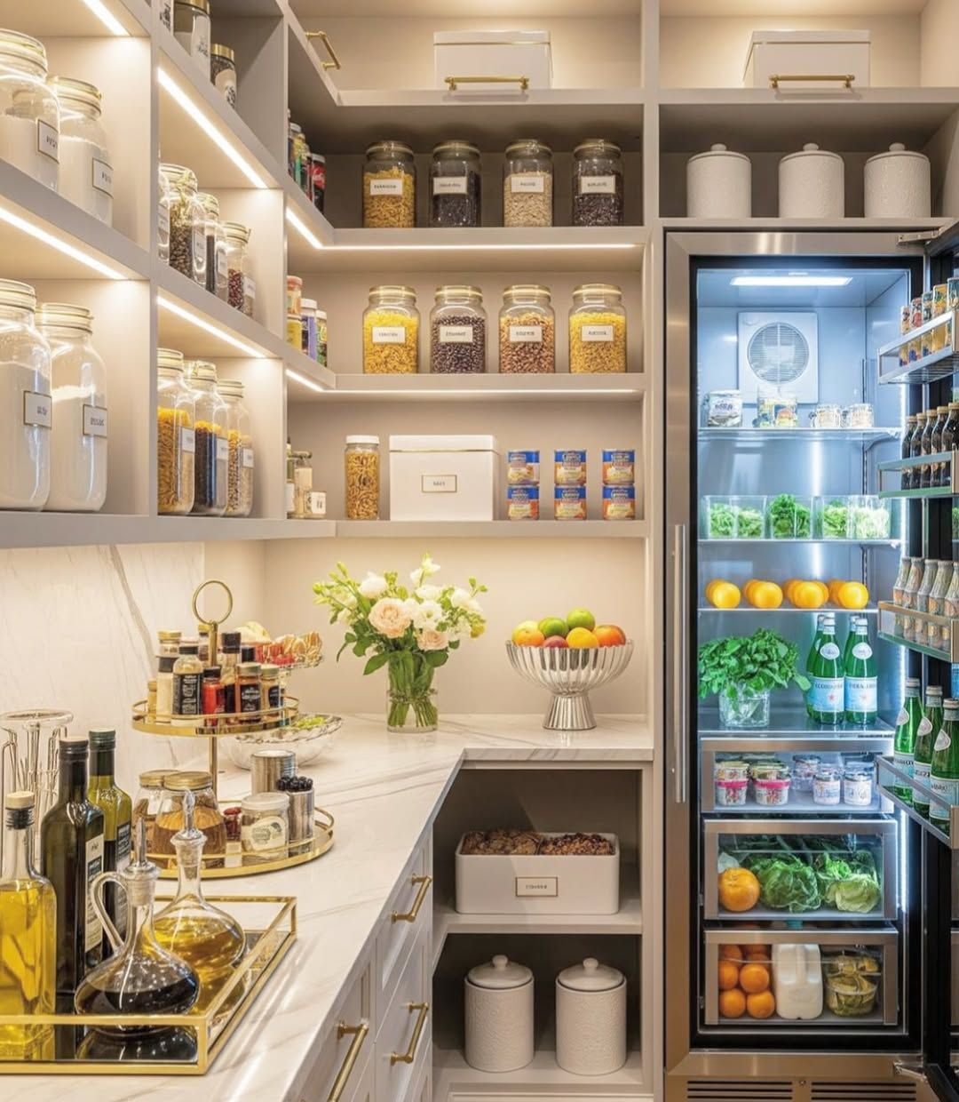 Luxe Pantry with Glass Jars and Integrated Fridge
