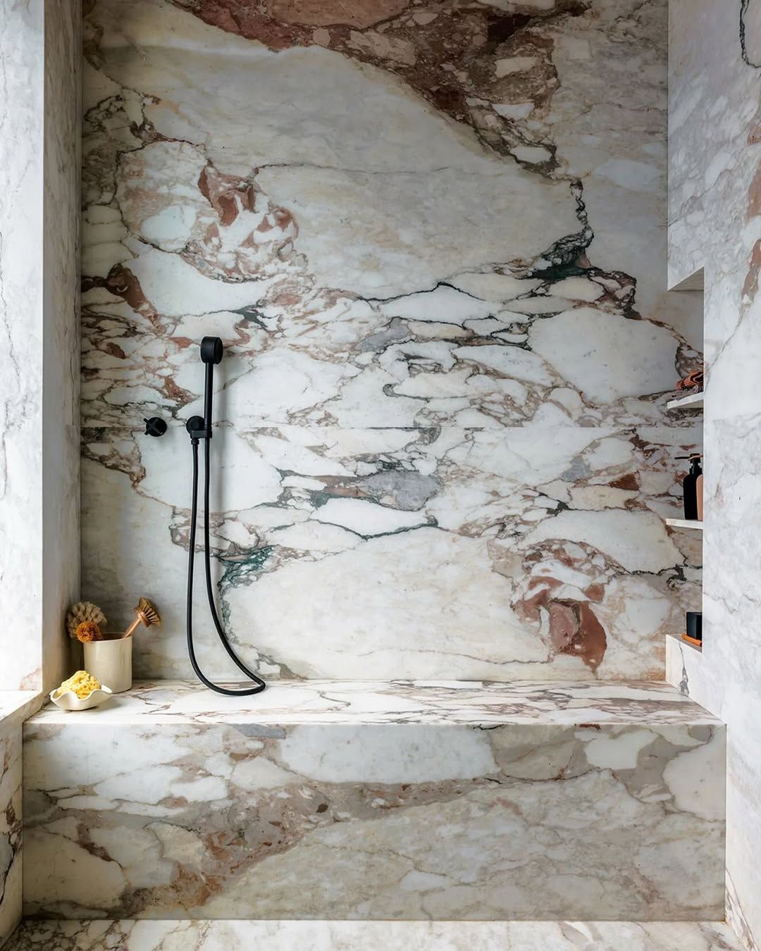 Marble Shower with Integrated Bench