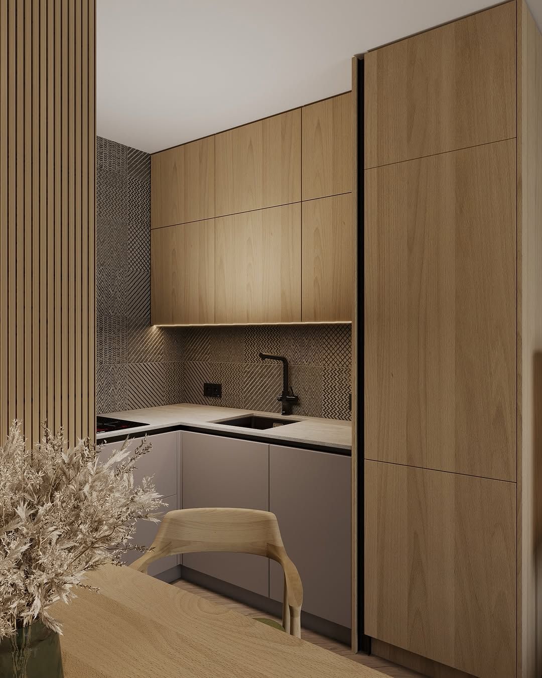 Minimal Narrow Kitchen with Wood and Texture