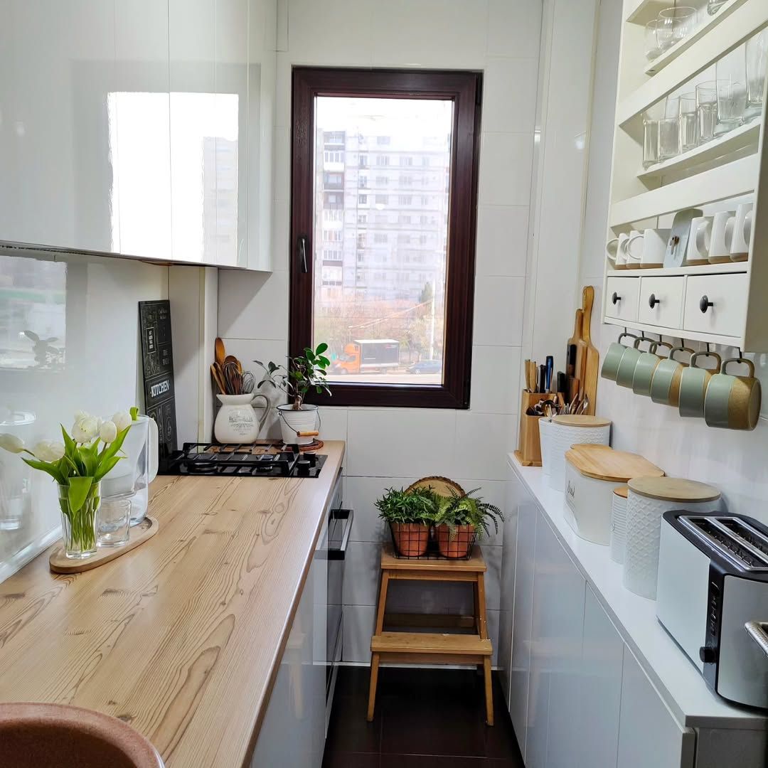 Narrow Kitchen with Warm Minimalist Style