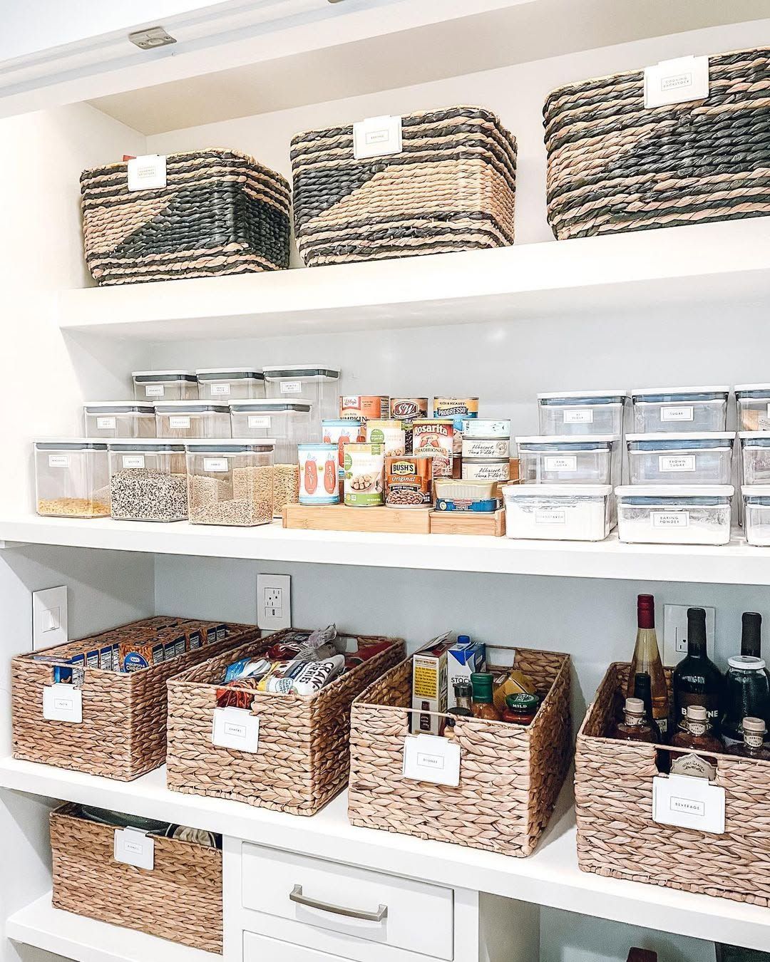 Pantry with Woven Baskets and Clear Labeled Containers