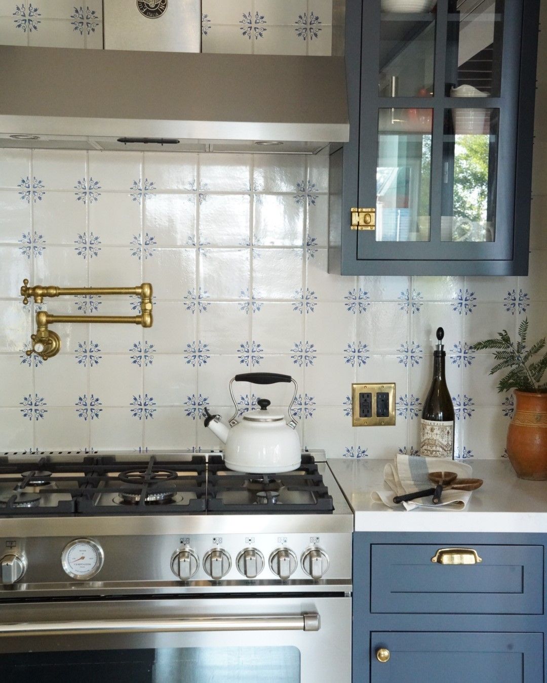 Patterned Tile With Vintage Style Brass Pot Filler