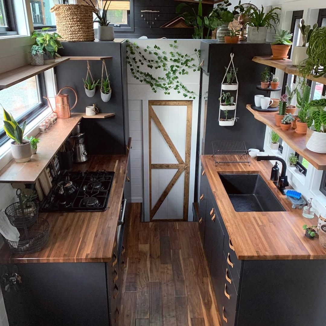 Plant Filled U Shaped Tiny Kitchen