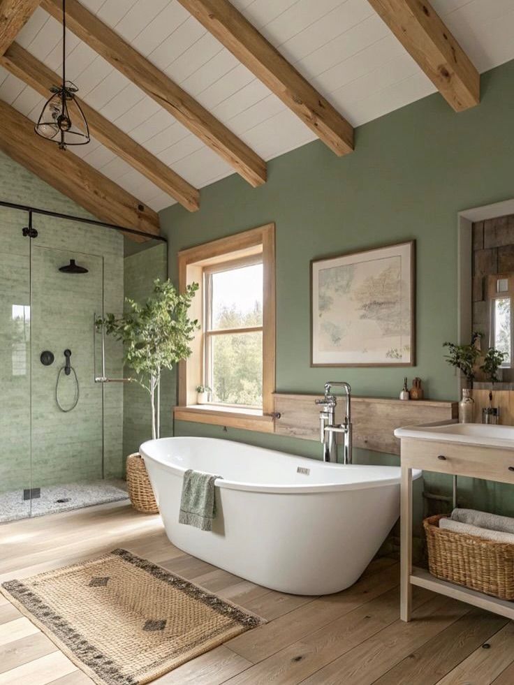 Rustic Green Bath with Exposed Beams