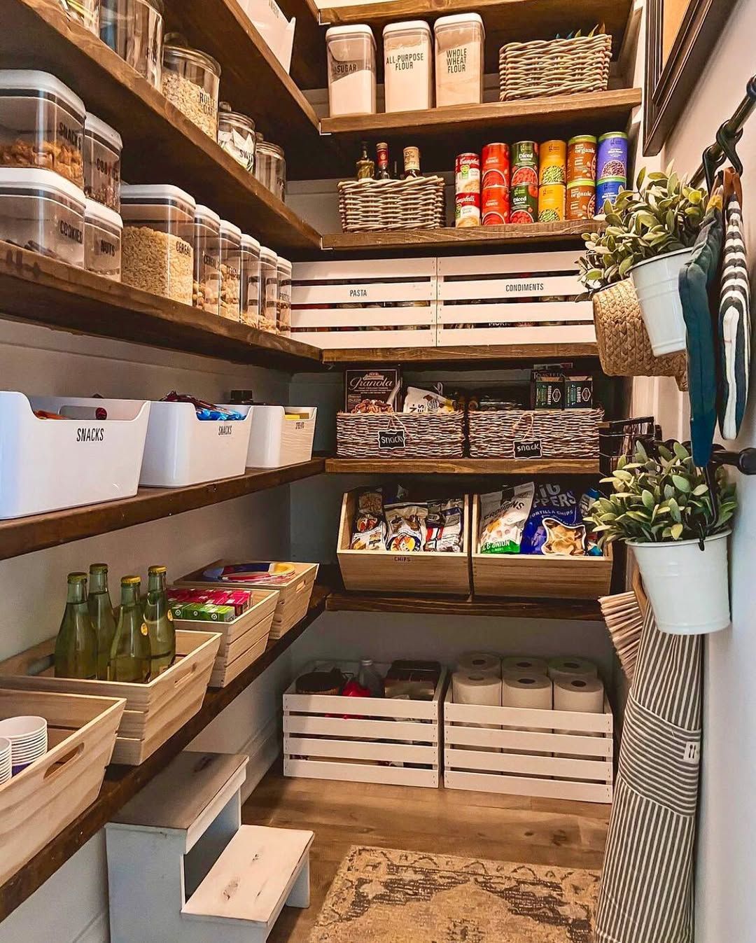 Rustic Pantry with Wood Crates and Baskets