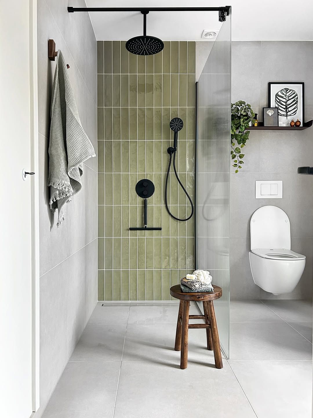 Soft Olive Vertical Tiles With Matte Black Fixtures