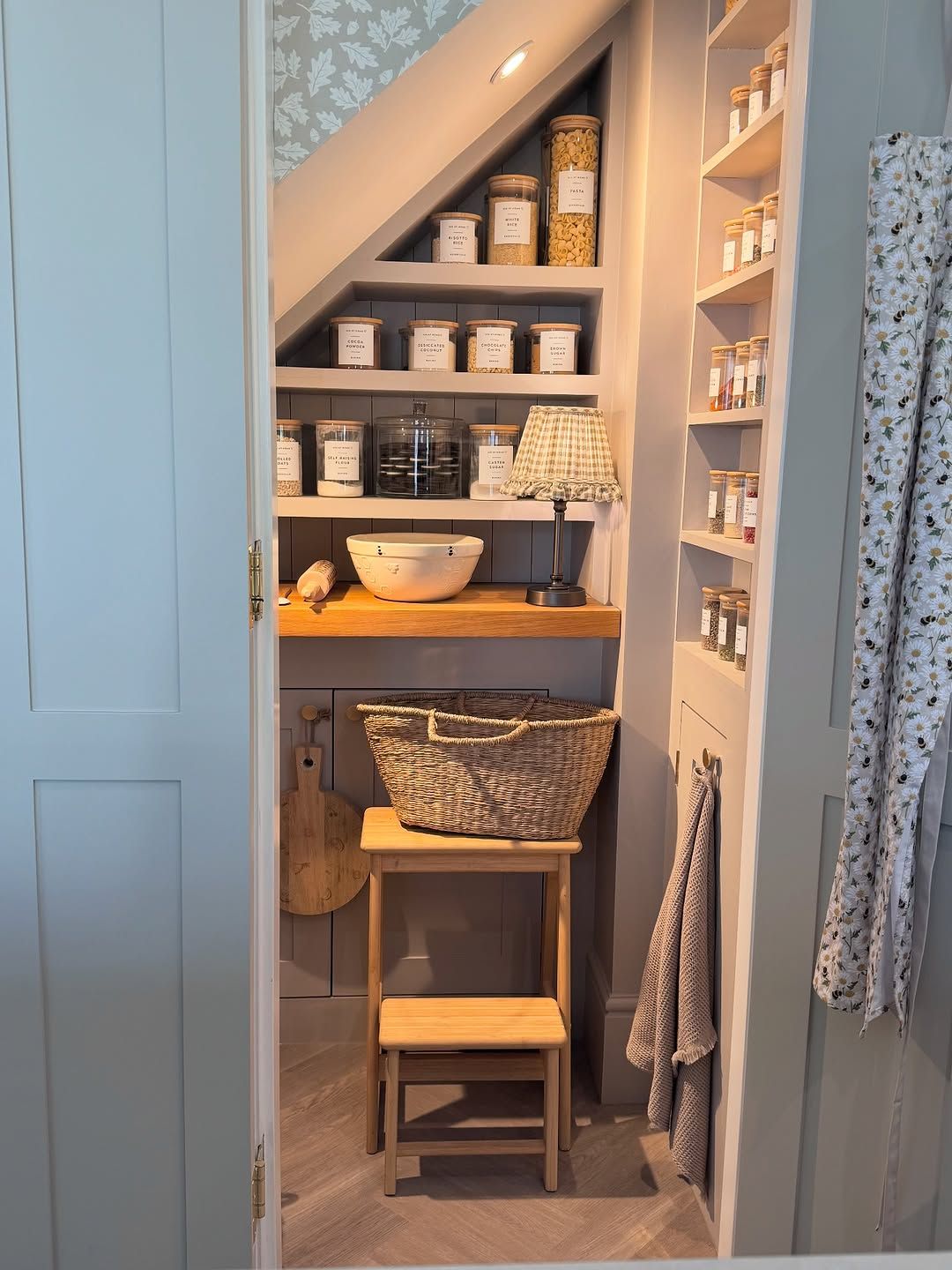 Under Stair Pantry with Tiered Shelves