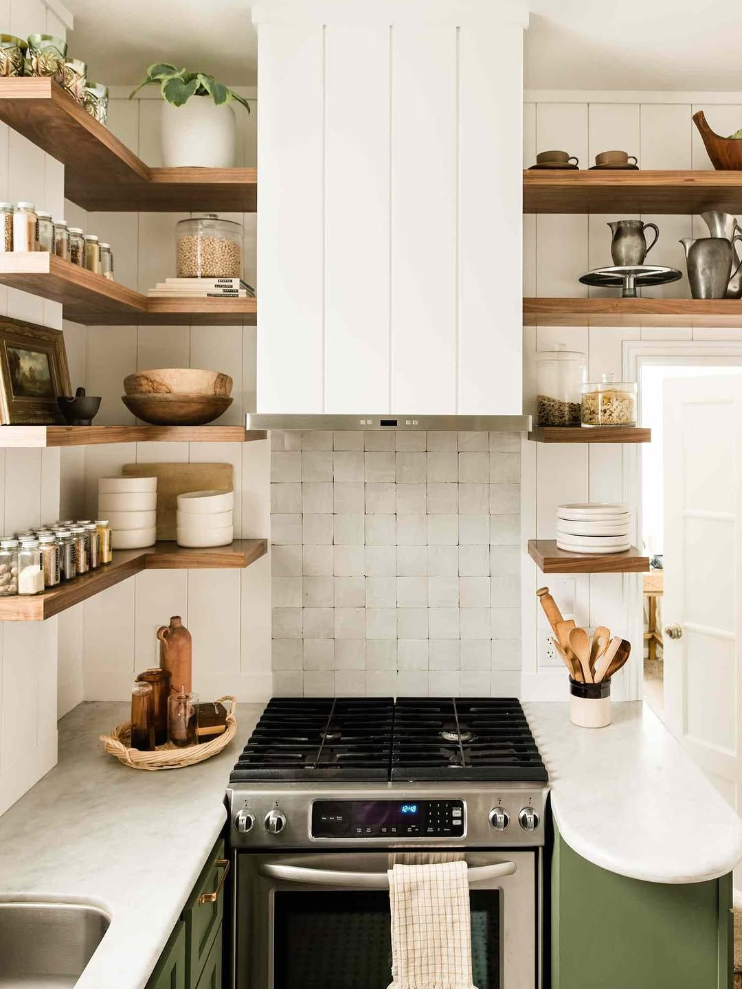 Warm Modern Kitchen with Open Shelving